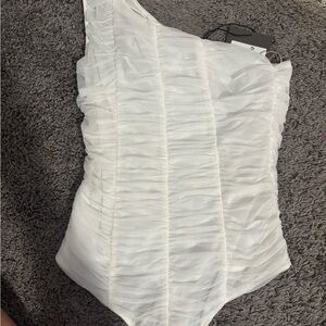 White Asymmetrical Ruched Bodysuit Top